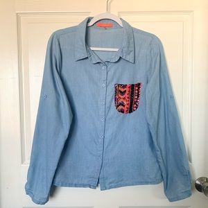 Anthro Lulumari Blue Long Sleeve Sequin Pocket Button-down Top